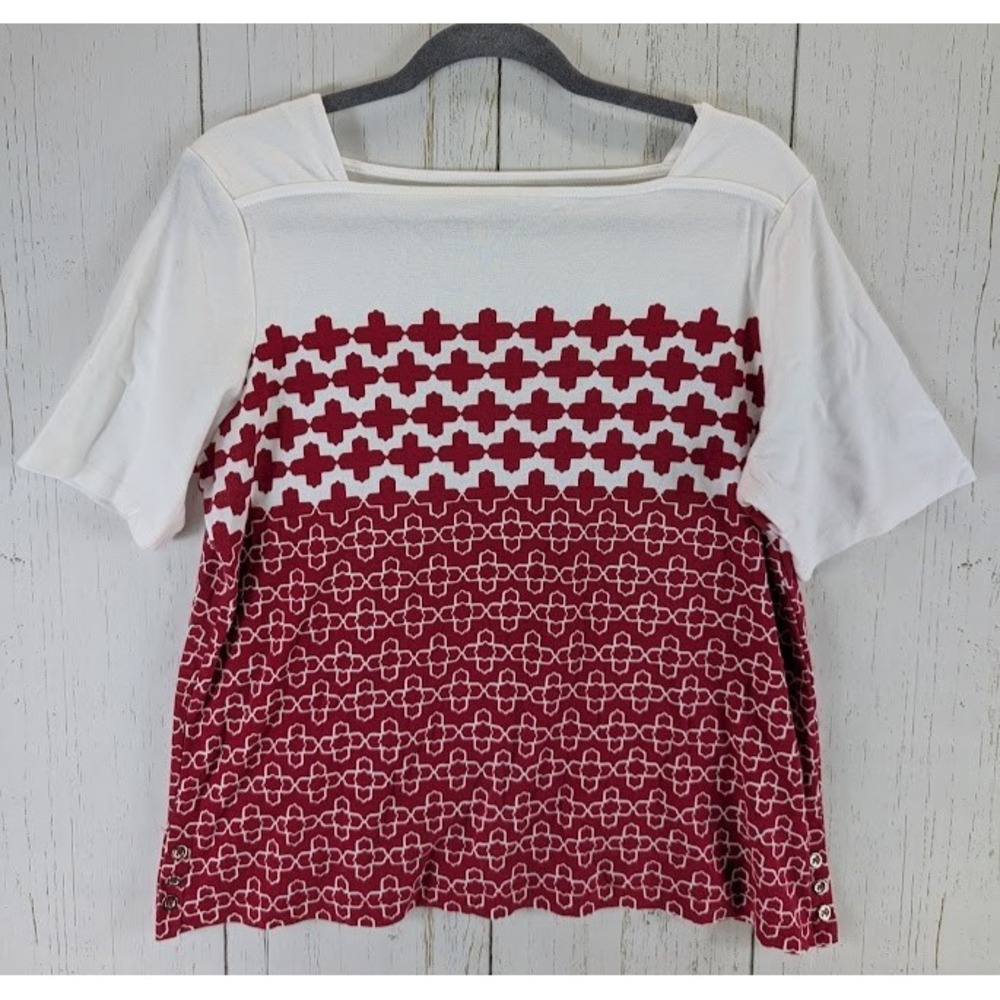 Croft Barrow Size XL White Red Cotton Square Neck Short Sleeve‎ Womens Top